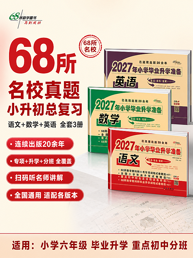 [单张主图] 2027年小学毕业升学准备语文数学英语三本套装教辅书，爆款促销感主图路线，淘宝天猫3:4竖版主图，目标是突出68所名校真题背书与内容厚度，让家长快速感知这套书的权威性和实用性，促进点击。

[画面主体] 画面右侧展示三本教辅书套装，从前往后依次是红色语文、绿色数学、紫色英语，书本呈前后错落斜向摆放，正面略朝左前方，书脊和封面文字清晰可见，整体占画面约50%。必须保持与输入产品图完全一致的封面设计、颜色、字体排版和68所助学图书Logo，不得修改封面内容、不得变形、不得错字。书本下方有柔和的接触阴影，自然落在台面上，无悬浮感。

[构图版式] 采用「左文右品标签参数型」竖版变体：左侧约45%区域放超大核心数字和主标题，右侧约55%放三本套装书主体，左侧下方排列4组卖点胶囊标签，底部约15%放浅红色通栏信息条承接适用人群和内容结构。整体信息层级：核心数字最大，主标题次之，套装书为视觉中心，卖点标签分组清晰。

[场景元素] 背景使用浅米色纯色底，左侧叠加淡淡的红色渐变光晕，干净有层次。书本放置在浅灰色哑光台面上，台面有轻微透视和反光。左上角安全区放缩小版的「68所助学图书 马到成功」品牌Logo，与产品上的Logo字形颜色一致。左侧数字旁加一个红色圆形印章样式的「68所名校」标识。背景右下方可加淡淡的试卷纸张纹理作氛围装饰，不抢主体。

[文案版式] 所有文字横排，字体使用粗黑体，主标题字重最粗，辅助文案字重中等，说明文字缩小。
左侧顶部超大数字（深红色粗黑体，占左侧上半区）：
68所
数字下方主标题（两行，深红色粗黑体）：
名校真题
小升初总复习
主标题下方副标题（一行，深灰色中等字重）：
语文+数学+英语 全套3册
左侧中部4组卖点胶囊（红底白字，圆角胶囊形，纵向排列）：
· 连续出版20余年
· 专项+升学+分班 全覆盖
· 扫码听名师讲解
· 全国通用 适配各版本
底部通栏（浅红底深红字）：
适用：小学六年级 毕业升学 重点初中分班

[光影质感] 商业摄影质感，主光从正前方偏左打下，书本正面受光均匀，右侧有柔和辅光补亮暗部，书脊和书页边缘有自然高光，底部有柔和的接触投影，整体干净通透，书本纸张质感真实，封面覆膜有轻微反光。

[配色字体] 主色：正红色、米白色；辅助色：深灰色、浅红色；强调色：深红色。字体统一使用无衬线粗黑体，核心数字最大号粗黑，主标题大号粗黑，卖点标签中号，底部通栏小号，层级分明，对比强烈。

[比例分辨率] 3:4竖版比例，2k高清分辨率，文字清晰锐利可辨，产品细节清楚。

[负向提示词] 书本变形、封面文字错字糊字、Logo变形、颜色偏差、悬浮感、背景杂乱、水印、平台Logo、二维码、人物面部、畸形手、模糊、低清晰度、过度锐化、强描边、促销价格数字（本图不放具体价格）、盗版感、杂乱边框