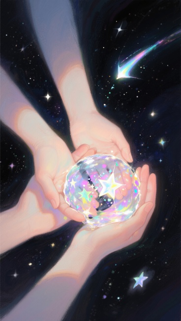 画面主体是两只手捧起水，水中有星星点点，有彩色的光芒，手的肤色呈现出柔和的色调，光影效果显著。光在手上投射出光斑，营造出梦幻、迷离的氛围。背景为深色宇宙星星点点，有流星划过，与手部的光影形成强烈对比预览效果