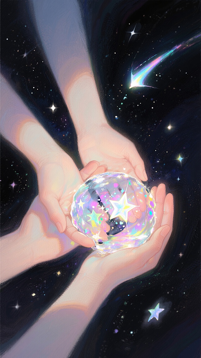 画面主体是两只手捧起水，水中有星星点点，有彩色的光芒，手的肤色呈现出柔和的色调，光影效果显著。光在手上投射出光斑，营造出梦幻、迷离的氛围。背景为深色宇宙星星点点，有流星划过，与手部的光影形成强烈对比