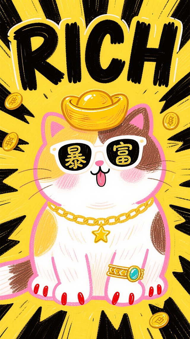 一只粉色描边的Q版卡通三花肥猫正面（黄色+白色+棕色），头顶有个大大的金元宝和金币，带着大大超出脸型白色镜框的墨镜，带有醒目的标识，闪闪发光的星星标志，镜片上分别写着"暴"和"富"两个金色字。要求主角猫咪的形象在画面的2:1，长长的毛发，指甲是红色指甲油，还有脖子上的金色粗粗项链，和手镯盒戒指，和流口水的样子，黄和黑色背景（带有放射线），上面”RICH“要求是涂鸦爆裂的字体黑色