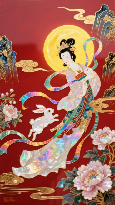 国朝风格，嫦娥怀抱玉兔奔向一轮圆月，月亮周围散发出黄色晕圈，嫦娥体态妖娆，衣摆飘逸。周围环绕着祥云和盛开的牡丹花朵，背景山水，中国红底色搭配鎏金色点缀，非常规的动态构图,32K分辨率预览效果