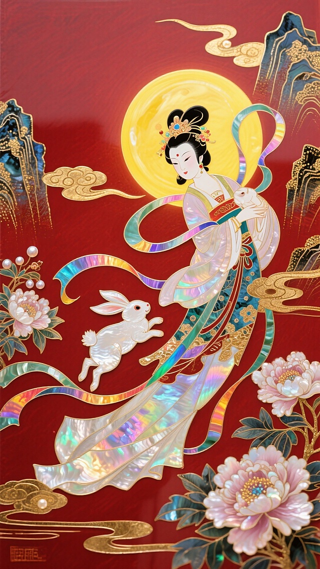 工笔风嫦娥携玉兔飞天，鎏金云纹与牡丹环绕，红底映月，国潮刺绣质感尽显中式古典与梦幻唯美，喜庆优雅，中秋意蕴浓。