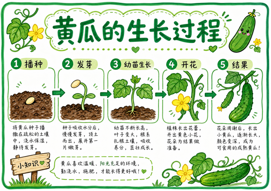 参考之前手抄报的马克笔手绘风格，制作横版黄瓜生长过程科普手抄报，白底绿色调，包含标题"黄瓜的生长过程"，分步骤展示黄瓜从播种发芽到开花结果的每个生长阶段，每个阶段配手绘插图和简单文字说明，整体排版清晰预览效果
