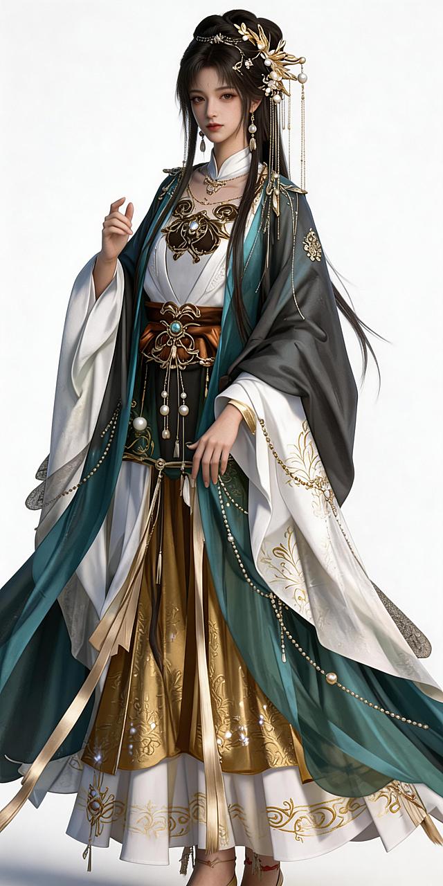 根据参考图生成超写实真人风格的古风全身人物底妆照，背景为纯白色。人物面若冠玉、眉目如画、柳叶眉、丹凤眼杏眼、鼻若悬胆、唇若樱花瓣、皮肤白皙细腻、清冷气质、温婉大气、脸型流畅、五官精致立体，身穿轻纱飘逸古风服饰，身材高挑黄金比例，完整全身有头有脚。超写实真人风，真实皮肤纹理，毛孔可见，不磨皮，柔和侧光，自然漫射光，轻微胶片颗粒，4K高清，电影质感，细节丰富，边缘柔和，不塑料不CG，真实自然照片