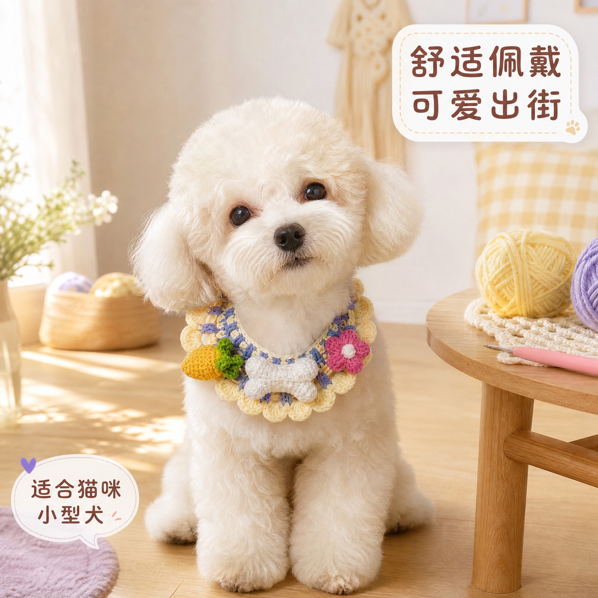 [主图-4] 手工针织宠物口水巾佩戴场景图，展示真实使用状态与… - 图片创意预览