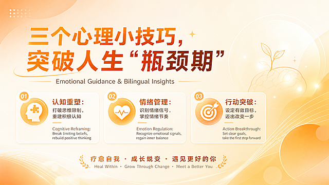 生成全新视频号直播背景图，主题为“三个心理小技巧，突破人生“瓶颈期”——情绪疏导&中英双语”，包含以下内容点：1.认知重塑：打破思维限制，重建积极认知；2.情绪管理：识别情绪信号，掌控情绪节奏；3.行动突破：设定有效目标，迈出改变一步，底部标注标语“疗愈自我·成长蜕变·遇见更好的你”。采用温暖治愈的渐变橙黄配色，搭配柔和光晕效果，文字排版清晰舒适，适配横版直播背景，风格专业简约
