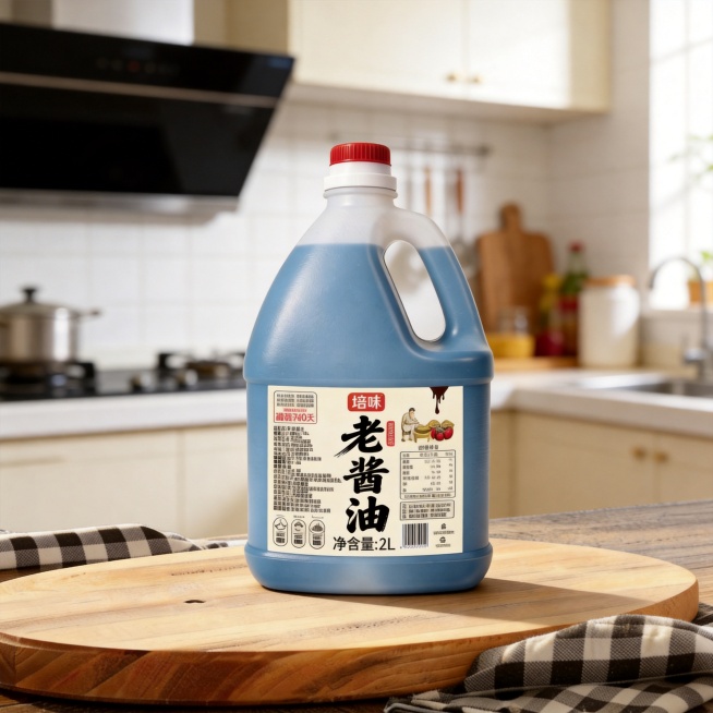重新生成图片，突出老酱油产品，将酱油瓶作为画面主体，摆放在图二的木质砧板上，保持瓶子清晰醒目，背景厨房做适当虚化，突出产品主体，构图均衡预览效果
