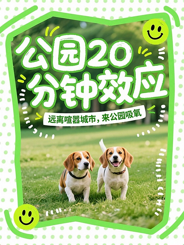 大标题“公园20分钟效应”，稚嫩手写质感的字体，字体夸张且醒目，小字“远离喧嚣城市，来公园吸氧”围绕标题字一圈，背景贴了漫画网点质感的两只小狗在草地上，绿白网点，绿色不规则粗线条框住画面，有荧光色表情装饰点缀