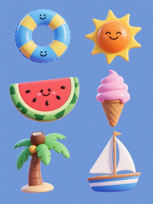 一张纯色背景的3D立体风格夏季主题系列海报集合，包含6个完全不同造型的同元素内容，每个元素都具有光滑圆润的3D质感，色彩鲜艳明快，光影效果柔和，高光和阴影过渡自然。每个造型都围绕夏季主题展开，元素包括但不限于：1. 蓝色充气游泳圈造型，带有黄色条纹和笑脸表情；2. 切片西瓜造型，红色瓜瓤点缀黑色西瓜籽，绿色瓜皮；3. 橙色太阳造型，带有黄色光芒和眯眼笑脸；4. 冰淇淋甜筒造型，粉色奶油顶，棕色……预览效果