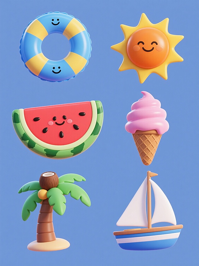 一张纯色背景的3D立体风格夏季主题系列海报集合，包含6个完全不同造型的同元素内容，每个元素都具有光滑圆润的3D质感，色彩鲜艳明快，光影效果柔和，高光和阴影过渡自然。每个造型都围绕夏季主题展开，元素包括但不限于：1. 蓝色充气游泳圈造型，带有黄色条纹和笑脸表情；2. 切片西瓜造型，红色瓜瓤点缀黑色西瓜籽，绿色瓜皮；3. 橙色太阳造型，带有黄色光芒和眯眼笑脸；4. 冰淇淋甜筒造型，粉色奶油顶，棕色脆筒；5. 椰子树造型，绿色树叶，棕色树干，顶部结有椰子；6. 帆船造型，白色船帆，蓝色船身。所有元素规整排布在纯色背景上，形成一个统一和谐的系列素材集合，整体风格活泼可爱，充满夏日气息。