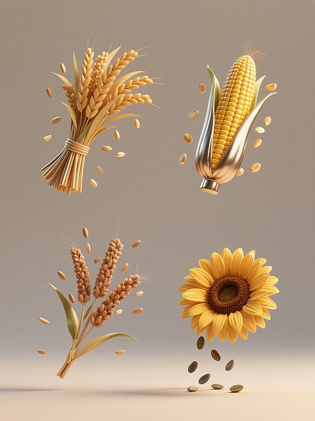 系列海报设计，4个等大的3D立体写实元素规整排布于纯色背景上，保持高光泽金属质感的材质表现，每个元素具有清晰的结构细节和细腻的光影过渡，包含悬浮的细小装饰部件，整体风格统一为现代简约的立体图标设计，元素内容分别为：饱满的稻穗束与飘落谷粒、完整的玉米棒与散落玉米粒、成熟的高粱穗与飞散高粱籽、饱满的向日葵花盘与掉落瓜子，每个元素采用不同的主色调，保持一致的光照角度和阴影投射效果，画面简洁干净，信息传达直接，符合农产品或丰收主题的宣传目的。
