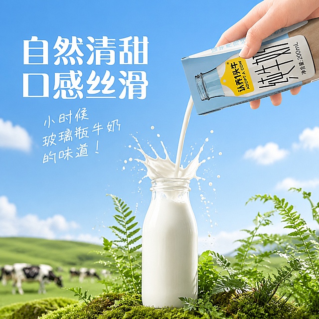 [主图-牧场场景组3] 认养一头牛纯牛奶倒奶卖点主图
[氛围风格] 自然清新牧场风，原生态健康氛围，和组1组2风格统一
[画质] 商业摄影质感、光线柔和通透、产品清晰真实、画面干净高级
[元素] 单手从包装中倒出牛奶到玻璃瓶，保留原包装外观和产品特征与输入图片绝对一致，杜绝任何变形和色差，精细化处理。牛奶飞溅出漂亮水花，玻璃瓶盛满牛奶，周围环绕新鲜绿色蕨类植物，背景是纯净蓝天加少量白云。商品主体占比严格控制在70%左右，画面满屏无边框。主文案保留原图自然清甜 口感丝滑 小时候玻璃瓶牛奶的味道
[光影] 自然侧逆光，牛奶呈现通透乳白质感，飞溅水花有晶莹高光，整体光影干净通透
[配色] 主色调天空蓝+清新草绿，和本组配色风格保持统一
[视角构图] 平视抓拍视角，突出倒奶动态瞬间，主体清晰
[文字版式] 左侧负空间左对齐，大字主文案“自然清甜 口感丝滑”最大号粗体白色无衬线，辅助文案“小时候玻璃瓶牛奶的味道” smaller字号同色，文字清晰不遮挡倒奶主体
[输出要求] 1:1比例，文字清晰可辨，超高清商业摄影质感
[负向提示词] 变形，文字错乱，产品图模糊，背景杂乱，水印，电商平台Logo