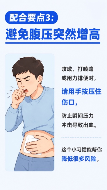 [第8屏] 注意事项3：避免增加腹压
[氛围/风格] 实用指南科普风格，清晰说明应对方法
[元素布局] 顶部标题，下方示意图+文字说明，示意图演示咳嗽时用手按压伤口的动作，示意图占左侧，文字占右侧
[预览效果