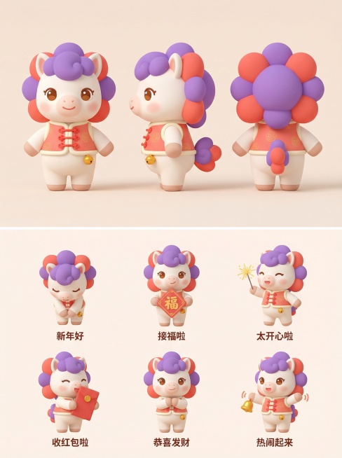 可爱的 3D 卡通拟人化小马 IP 形象，整体造型圆润饱满，头身比例接近潮玩风格，身体呈糯米团子般的体块感，腿部短小可爱。

小马主色为奶白色，搭配柔和的节庆紫与珊瑚红点缀，马鬃设计成云朵与花瓣结合的预览效果