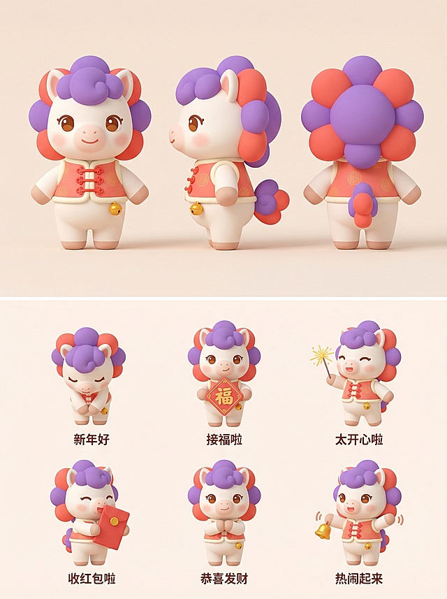 软3D风可爱小马，拟人化设计，融合卡通与粘土质感，身穿中式红衣，手持红包、福字与灯笼，传递新年喜庆氛围。