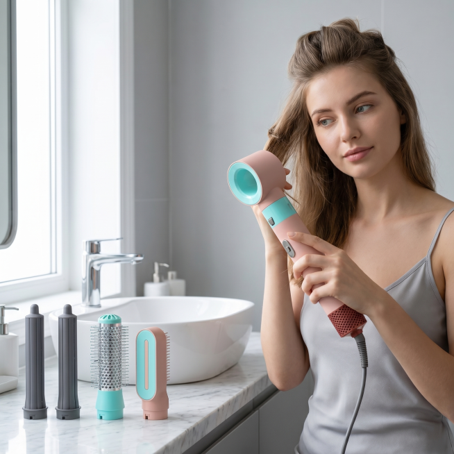 Generate a cross-border e-commerce main image for a multi-functional hot air styler with a foreign f预览效果