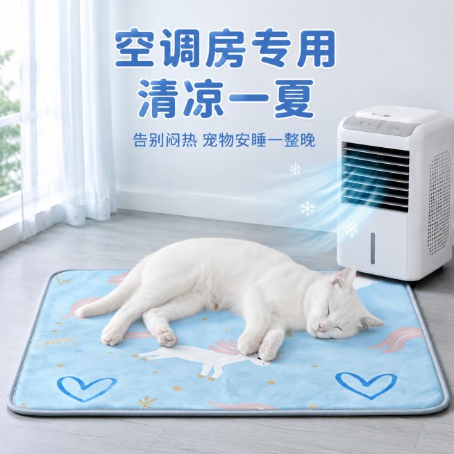 [主图-9] 空调房使用场景展示
[氛围风格] 夏日清凉生活风
[画质] 自然生活场景摄影，氛围真实舒适
[元素] 浅蓝色宠物凉席放置在空调房地面，旁边放一台小型空调，吹出冷风示意，一只小白猫舒服躺在预览效果