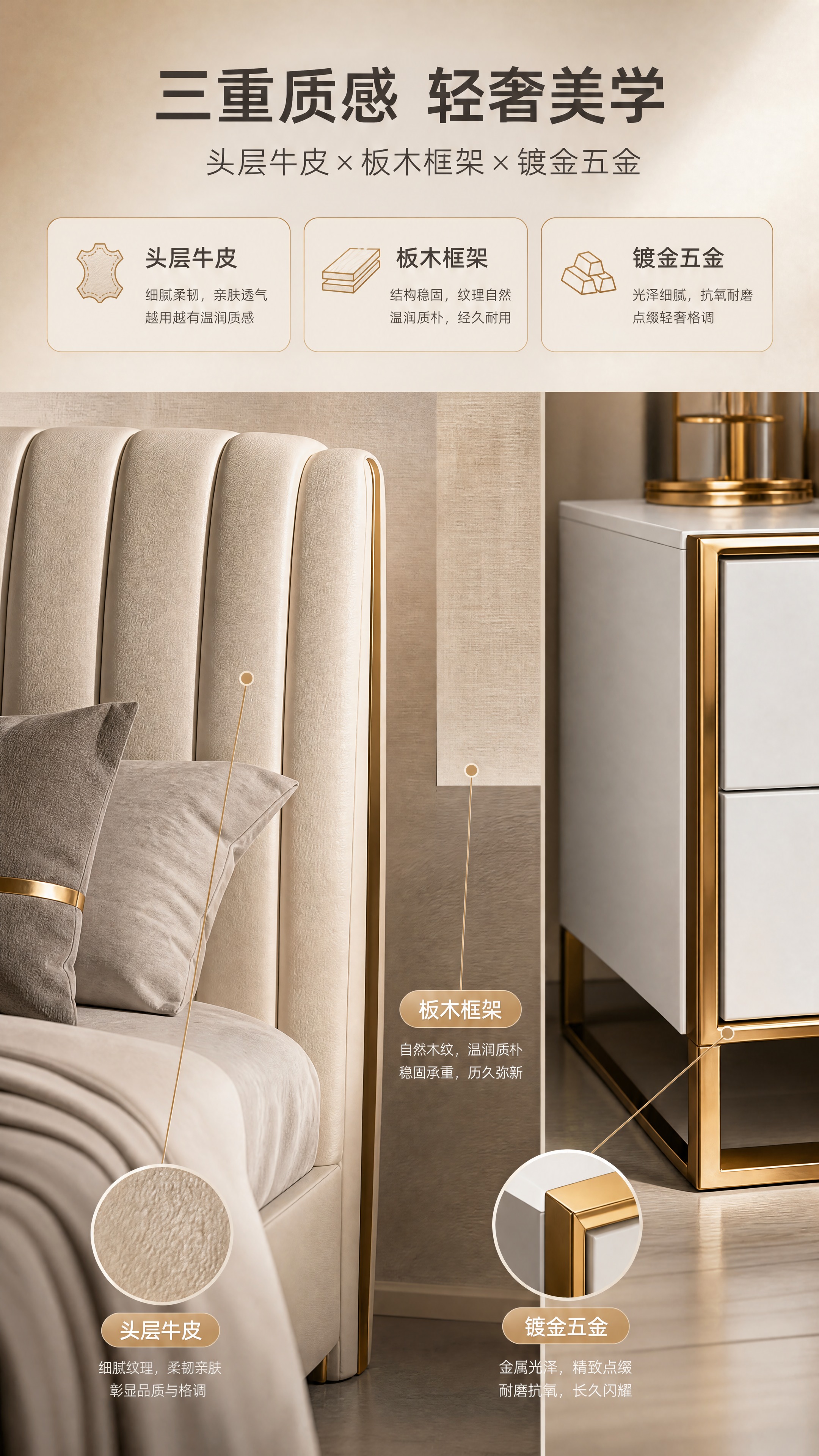 [商品] 使用【图1】轻奢软包床和【图2】白色床头柜；保留床的… - 图片创意预览