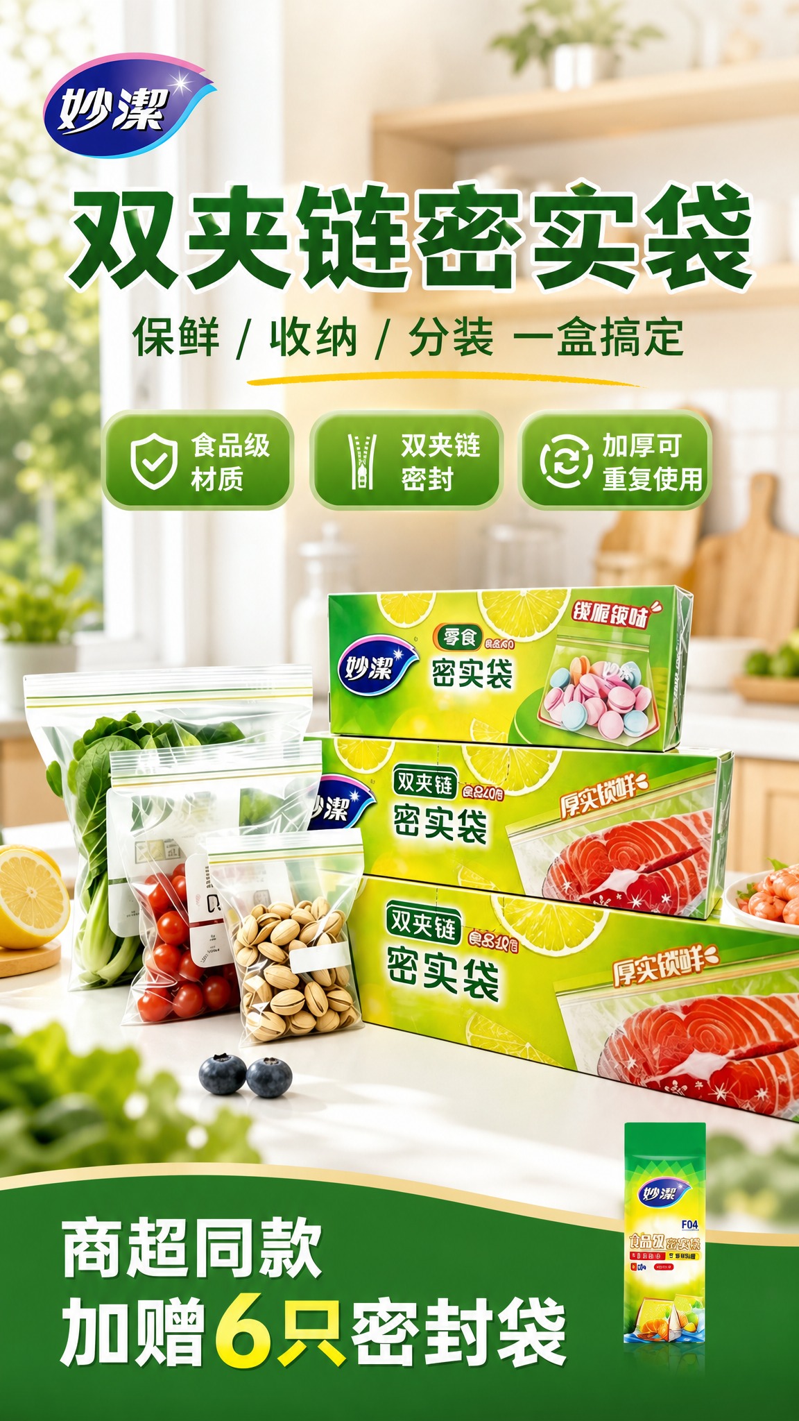 基于上传的妙洁双夹链密实袋商品图，制作一张竖版商品营销海报。妙… - 图片创意预览