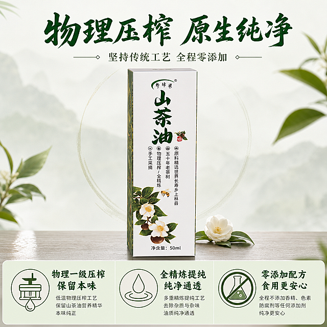 [第5屏] 工艺卖点展示屏，讲解物理一级压榨、全精炼、零添加工艺。本屏使用产品包装盒【图2】展示。
[氛围/风格] 干净专业，传统工艺结合现代品质，突出放心安全。
[元素布局] 顶部标题，中部展示产品包装盒，占比约50%，包装盒下方三个工艺卖点分区展示，每个卖点配图标和说明，包装盒结构、文字排版与输入图一致，保留原有设计信息。
[光影质感] 正面均匀打光，包装盒印刷细节清晰，光影自然，突出纸质包装质感。
[配色色系] 全局底色 #F3F7F1；主色深绿；辅助色米白、浅棕，每个工艺卖点用浅绿块做底区分。
[视角构图] 中心构图，从上到下阅读，标题→包装→工艺卖点。
[文字版式] 顶部大标题「物理压榨 原生纯净」，副标题「坚持传统工艺 全程零添加」，书法风格标题，下方三个卖点：「物理一级压榨 保留本味」「全精炼提纯 纯净通透」「零添加配方 食用更安心」，保持字体风格统一，文字清晰不遮挡包装主体。
[比例分辨率] 9:16 竖版比例，4K分辨率，文字清晰可辨，高清画质。
[负向提示词] 包装盒变形，文字错乱，包装图案模糊，信息排版拥挤，颜色偏差
