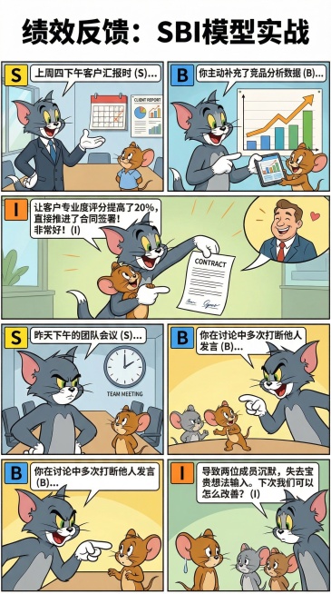 将SBI绩效反馈模型内容制作成情景连环画海报，主人公使用图片中的《猫和老鼠》汤姆和杰瑞，汤姆扮演管理层，杰瑞扮演员工，通过对话情景演绎SBI模型：情境(Situation)、行为(Behavior)、预览效果