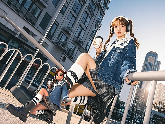 现代感与甜美感结合，时尚动漫风少女，噪点漫画手法，都市背景，青春活力。