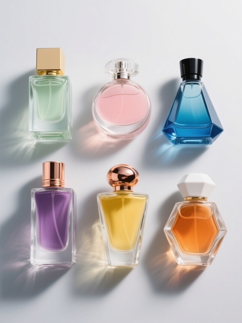 六个造型各异的香水瓶系列集合，规整排布在纯色背景上，每个香水瓶样式与颜色各不相同；保持原香水瓶的透明玻璃材质、液体质感和喷头结构，第一个为方形瓶身搭配金色瓶盖与浅绿色液体，第二个是圆形瓶身配银色瓶盖与粉色液体，第三个是三角形瓶身配黑色瓶盖与蓝色液体，第四个是椭圆形瓶身配玫瑰金瓶盖与紫色液体，第五个是梯形瓶身配铜色瓶盖与黄色液体，第六个是不规则多边形瓶身配白色瓶盖与橙色液体；每个香水瓶都有清晰的……预览效果