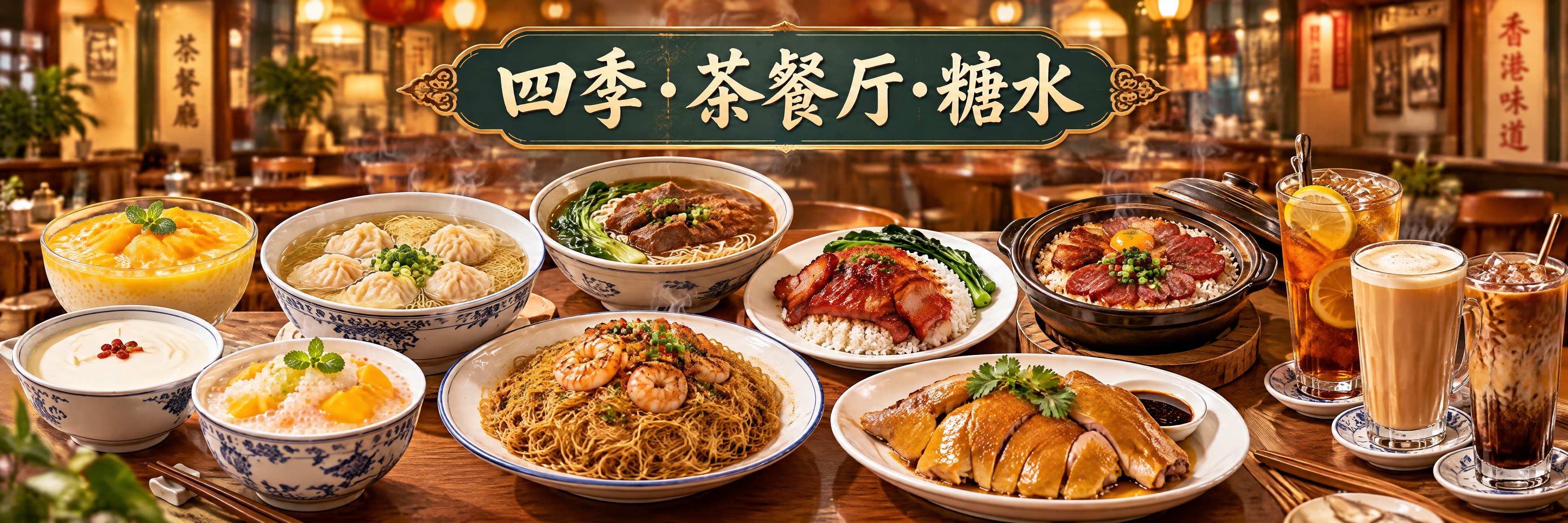 茶餐厅宣传海报设计，超宽横版构图，港式茶餐厅风格，画面展示丰富… - 图片创意预览