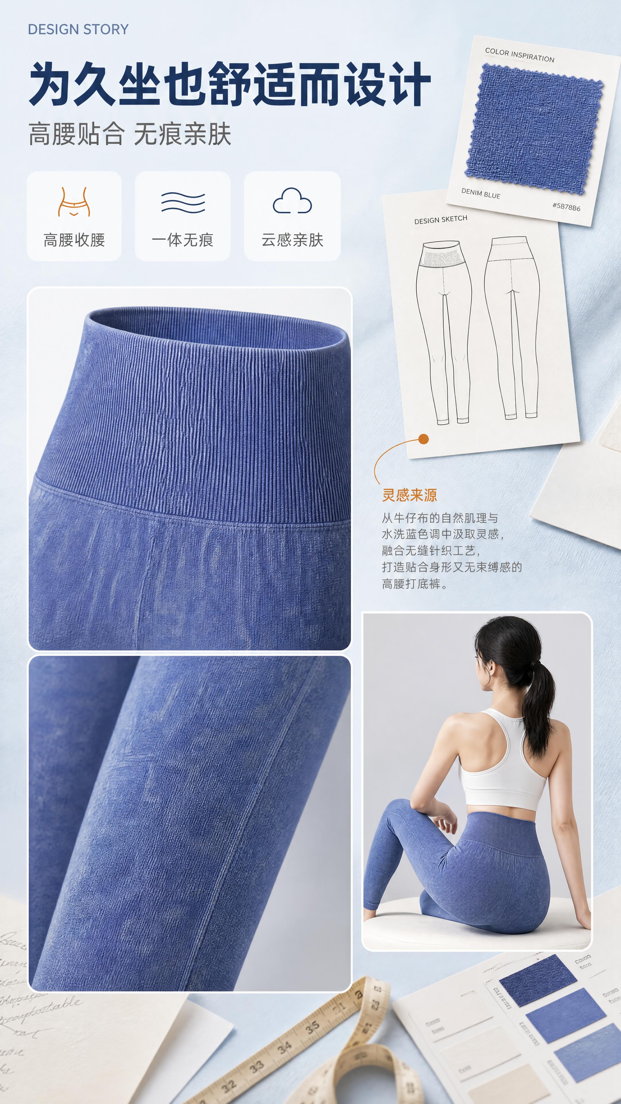 [商品] 使用【图1】蓝色高腰紧身打底裤：保留高腰腰封、无缝针… - 图片创意预览
