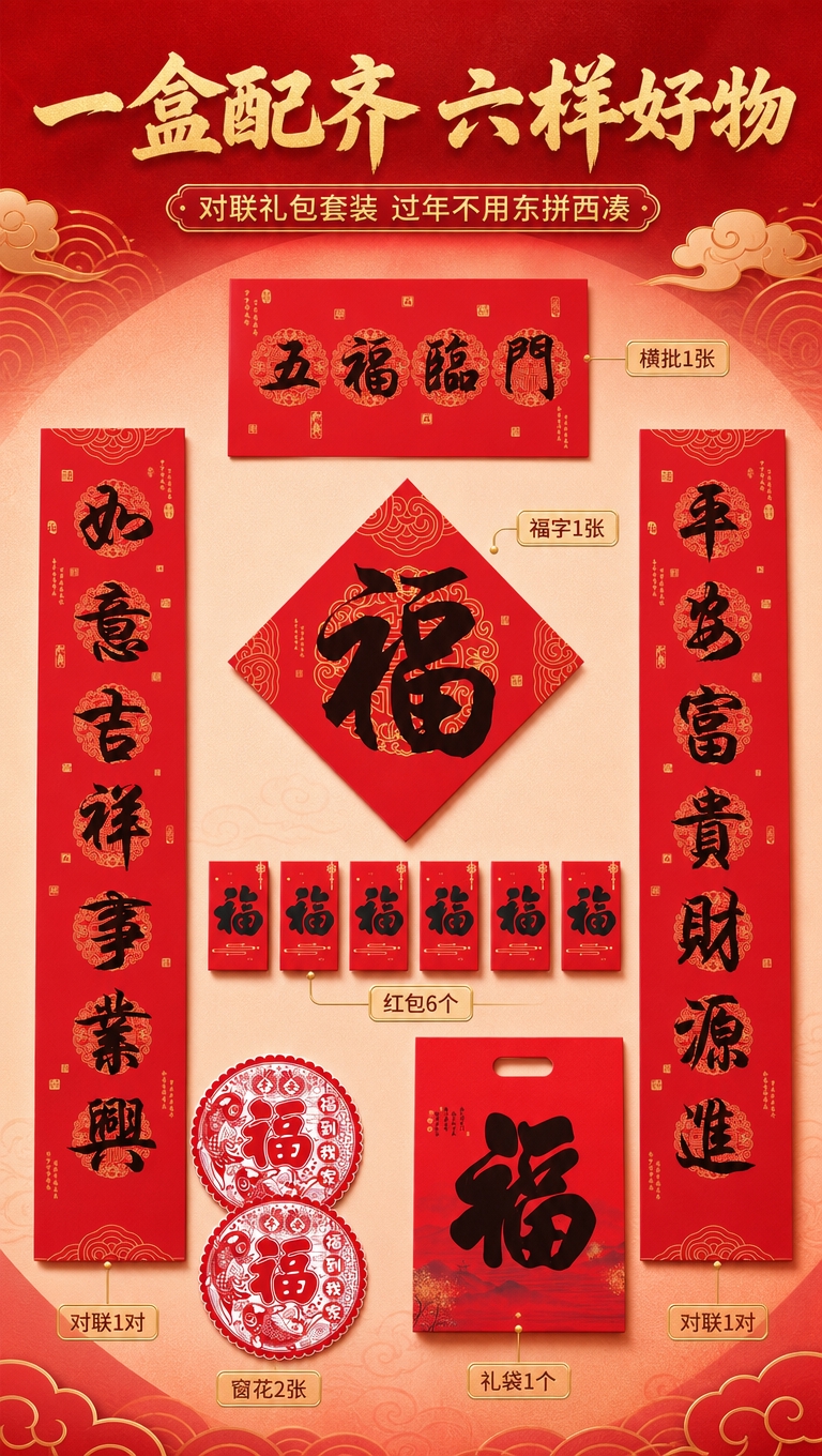 [商品] 使用【图1】五福临门款对联礼包全套物件；保留对联、横… - 图片创意预览