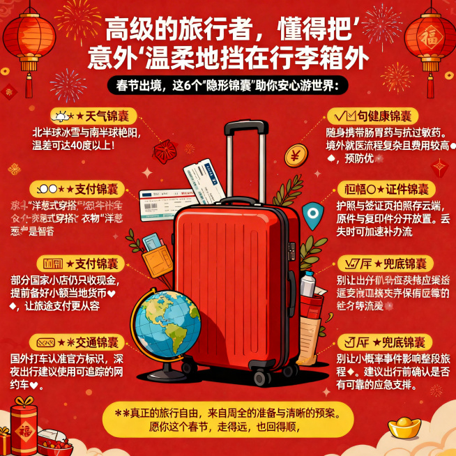 🐎 高级的旅行者，懂得把“意外”温柔地挡在行李箱外
春节出境，这6个“隐形锦囊”助你安心游世界：

🌨️☀️ 天气锦囊
北半球冰雪与南半球艳阳，温差可达40度以上！衣物“洋葱式穿搭”是智慧之选。预览效果