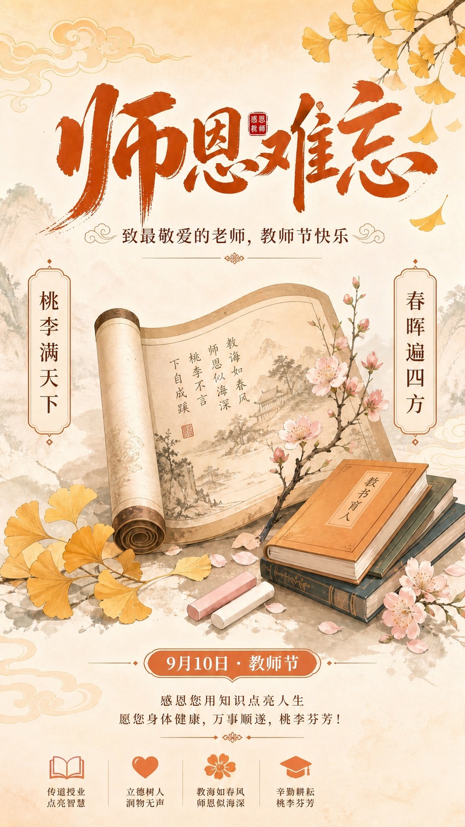 去除右下角的二维码占位区域，用周围的浅米色背景纹理和底部装饰元… - 图片创意预览