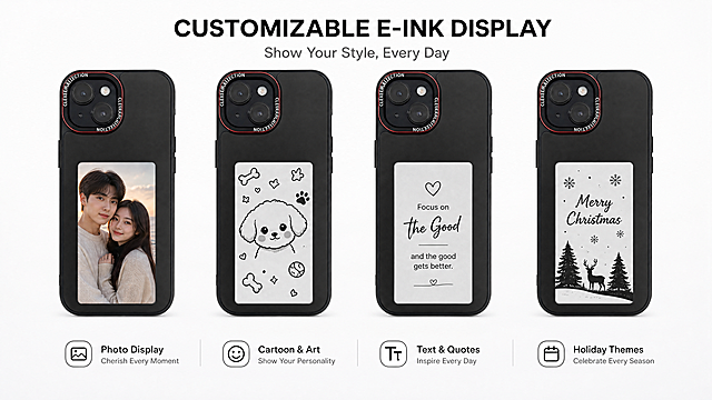 AliExpress detail page multi-pattern display image, split screen display multiple customizable patterns for e-ink phone case. Phone case main body (carbon fiber matte black, lens frame) 100% consistent with original image, only change the screen content. Show four patterns in split layout: 1. Couple portrait photo 2. Cute cartoon pattern 3. Minimalist text quote 4. Holiday theme pattern. Background pure white gradient, neat layout, highlight the custom property of the product. Advanced and minimalist style, no Chinese no watermark, cross-border e-commerce requirement. 16:9 ratio, 4K resolution, ultra clear. Negative: deformation, watermark, Chinese characters, distorted text, inconsistent product shape, color error, blurry