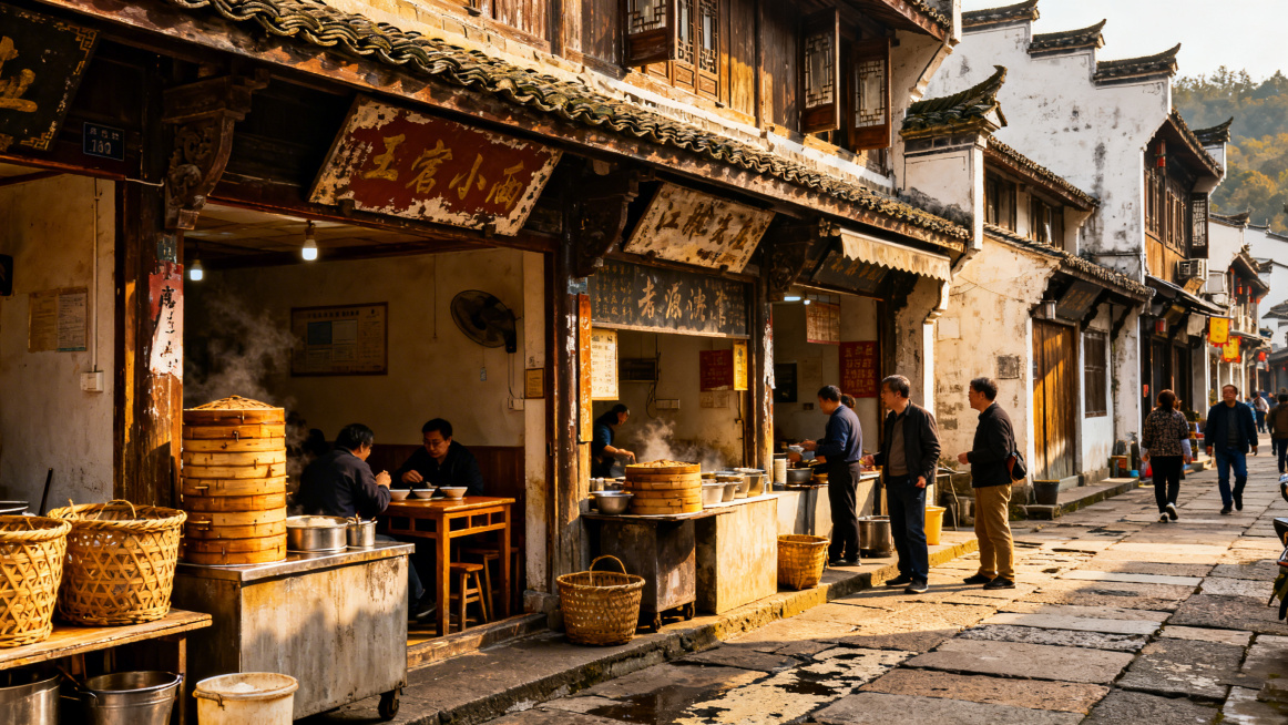 江北老城区传统街巷，桐庐老城区烟火气，老字号小吃店铺，古色古香的街道，生活化的市井场景，高清摄影预览效果