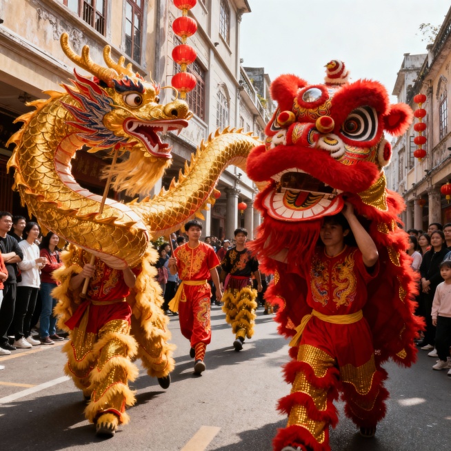 帮我生成一张舞龙舞狮的图片，体现潮汕当地的民间民俗预览效果