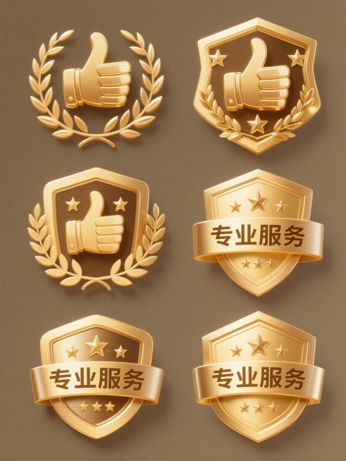 一系列6个造型各异但保持核心元素统一的金色徽章设计，每个徽章均以“专业服务”4字，上方配有立体大拇指元素，周围环绕橄榄枝装饰和五颗五角星，整体采用相同的3D金属质感，金色渐变色调，高光与阴影处理细腻，预览效果