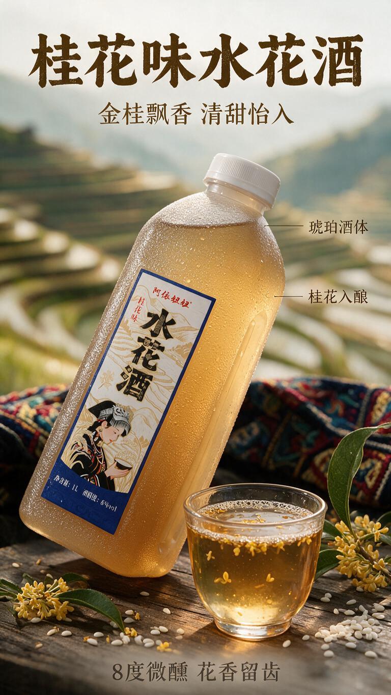 [商品] 使用产品图阿依妞妞水花酒，重点展示桂花味（浅琥珀色酒… - 图片创意预览