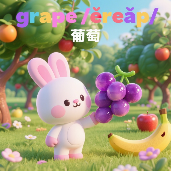 角色：3D卡通小兔（粉白配色，圆滚滚，表情可爱，全程出镜，动作贴合场景）背景：3D彩色果园背景（草地、果树、小花朵，色调明亮柔和，所有图片背景统一，不添加多余杂物）图片要求：高清、3D质感清晰，水果色预览效果