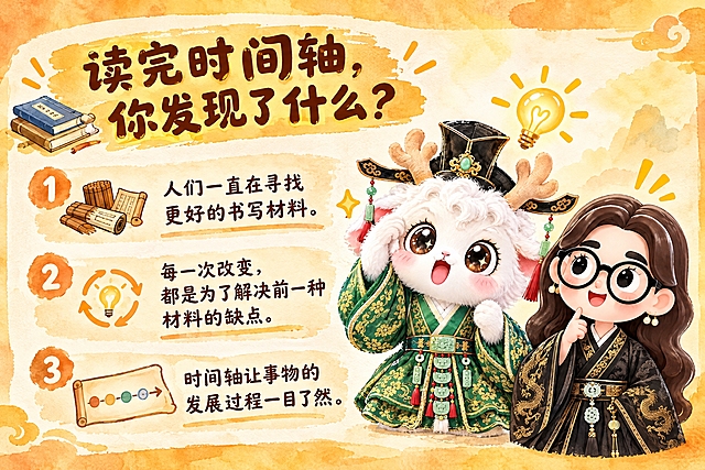 横版6寸比例的知识卡片设计，标题为"读完时间轴，你发现了什么？"，内容分三点：人们一直在寻找更好的书写材料；每一次改变，都是为了解决前一种材料的缺点；时间轴让事物的发展过程一目了然。右侧放置两个Q版国风IP形象：一个是摸头灵光一闪、头顶有灯泡灵感的白色毛绒瑞兽（穿绿色汉服戴官帽），另一个是戴黑框眼镜、穿黑色金龙纹汉服的卡通女孩，两人都露出领悟的神情，整体风格温暖知性，暖橙黄色水彩风背景，与费曼复述卡系列风格统一，排版清晰有层次，适合打印