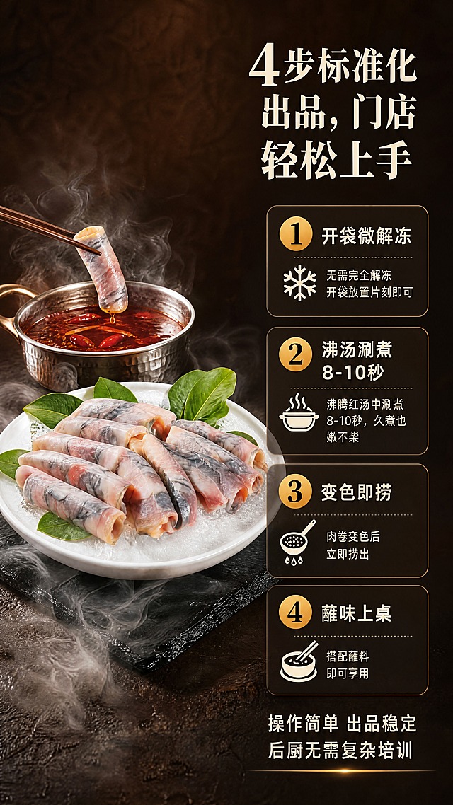 [商品] 使用【图1】商用冷冻乌鸡片；保留乌鸡卷的粉灰相间肉质纹理、卷状形态；商品处理：将摆盘改为白色冰纹圆瓷盘+几片鲜绿叶装饰，呈现涮煮动态感，增强肉质鲜嫩光泽，不改变产品形态与颜色。
[画面] 页面目标：出品方法页，4步标准化出品流程展示，体现操作简单易上手。构图骨架：右文左图，左侧约55%为产品与涮煮场景，右侧约45%为4步流程步骤文案。主体位置：画面左侧中部，产品占画面45%。摆放角度：斜侧动态拍摄角度。景别：中景。阅读动线：从右至左，先读步骤再看场景示意。前中后景：前景干冰白雾环绕、中景白瓷盘乌鸡片+红油汤底小容器、后景深棕哑光渐变背景。场景：涮煮动态场景，一旁摆放小容器盛放红油火锅汤底，少量干冰白雾环绕餐盘，瓷盘放置黑色天然石板，石板置于深棕肌理台面，体现标准化简单操作氛围。
[视觉] 套系策略：风格=竖版中式餐饮高级商业静物摄影；标题字=中式衬线粗体，厚重有力；正文字=简洁无衬线体，清晰易读；主色=深棕暖调；背景延展=基于深棕做深浅渐变、哑光肌理质感、同色系明暗层次；强调色=暖金橘色，仅用于小面积标签、引线、步骤数字高亮；标题色=米白色；正文色=浅暖米色；组件=深色半透明信息底条、细线引线、圆角步骤卡、数字序号标识；光影=柔和侧逆光，还原涮煮动态场景，食材水润质感突出。
[文字] 右侧上方主标题"4步标准化出品，门店轻松上手"，标题下方竖向排列4个步骤卡片："1. 开袋微解冻""2. 沸汤涮煮8-10秒 久煮也嫩不柴""3. 变色即捞""4. 蘸味上桌"，步骤数字用暖金橘色高亮。底部补充"操作简单 出品稳定 后厨无需复杂培训"。所有文字横向排版，步骤卡片清晰有序，移动端可读，不遮挡左侧产品主体。
[规格] 图片比例9:16竖版，4K，负向提示：避免变形、错字、文字过小、冷蓝/蓝灰背景、肉质颜色失真、出现平台Logo/水印/二维码、步骤顺序错误。