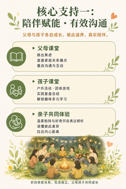 「图片1」这张图里面的三个人换成多孩子与家长一起围圈篝火晚会的场景，保持原图整体风格、颜色搭配、背景和文字都不变。严格执行预览效果
