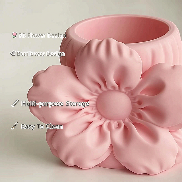 [Main Image 2] Close-up detail display of flower-shaped pen holder vase.
[Atmosphere Style] Exquisite material details, high-end texture presentation.
[Image Quality] Commercial photography texture, soft and transparent light, clear and real product, clean and advanced picture.
[Elements] Close-up focusing on the large flower shape of the pink flower pen holder, highlighting the soft folding texture of the product material, the three-dimensional radian of the petals, and the delicate matte material performance. Keep the appearance (physical structure, material texture, color) of the product absolutely consistent with the input product picture, eliminate any deformation and color difference, and fine processing. The product accounts for 85% of the picture, the picture is full screen without border, showing the exquisite craftsmanship of the product.
[Light and Shadow] Soft side light highlights the material texture and three-dimensional sense of the folding petals, forms a soft light and shadow transition, and the material details are clearly visible.
[Color Matching] Main color is soft matte pink, with soft light gray background, clean and prominent focus.
[Perspective Composition] Close-up front perspective, focusing on product details, shallow depth of field, prominent focus.
[Text Layout] Near the product, use 3 small icons with 3 English selling points: 1. 🌸 3D Flower Design 2. ✍ Multi-purpose Storage 3. 🧹 Easy To Clean. The text is placed in the negative space, which does not block the product subject, the color contrast is clear, and the arrangement is neat.
[Proportion Resolution] 1:1 proportion, 2K resolution, super high definition, clear text.
[Negative Prompt] Deformation, watermark, text confusion, blurred product picture, messy background.