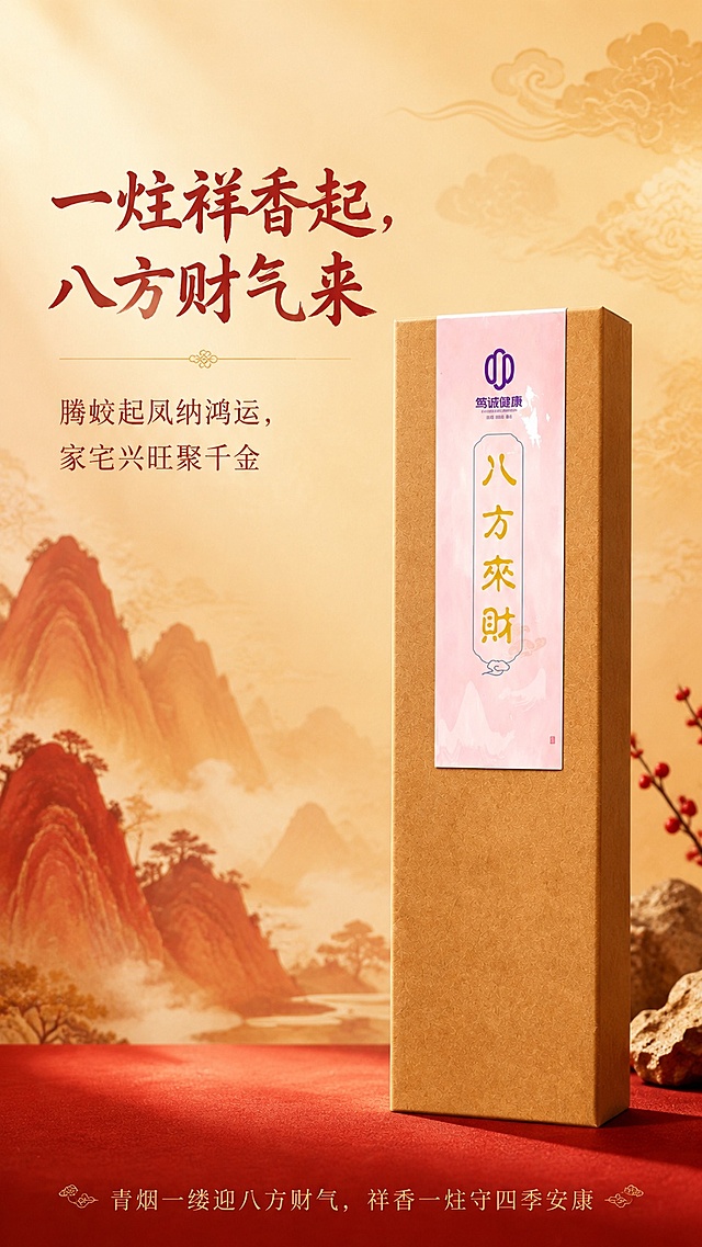 [第1屏] 详情页头图 - 八方来财招财祈福线香产品宣传海报。本屏使用【图1】作为商品主体。
[氛围/风格] 新中式国风，喜庆吉祥氛围感，高端雅致，商业摄影质感，暖调光影。
[元素布局] 线香礼盒放置在画面偏右侧，占比约65%；左侧预留文字区域，背景搭配淡金色云纹和红色山水渐变，增加中式意境；产品包装盒纹理、颜色、文字排版与输入产品图保持完全一致。
[光影质感] 左前方柔光打亮产品，右侧自然投影，突出包装盒材质质感，整体光影柔和通透。
[配色色系] 全局底色 #F9F3E9，主色朱红+烫金，辅助色浅金山水、米白文字区。
[视角构图] 45度斜侧视角，产品为绝对视觉中心，阅读动线左上标题→右侧产品→底部标语。
[文字版式] 版式为左上主副标题+右侧产品+底部收尾寄语。主标题「一炷祥香起，八方财气来」，副标题「腾蛟起凤纳鸿运，家宅兴旺聚千金」，加粗书法字体左对齐；底部小字收尾「青烟一缕迎八方财气，祥香一炷守四季安康」，文字不遮挡产品主体。
[比例分辨率] 9:16竖版比例，4K分辨率，文字清晰可辨，高清画质。
[负向提示词] 产品变形，缺件错件，颜色偏差，包装文字错乱，水印，文字过小，背景杂乱
