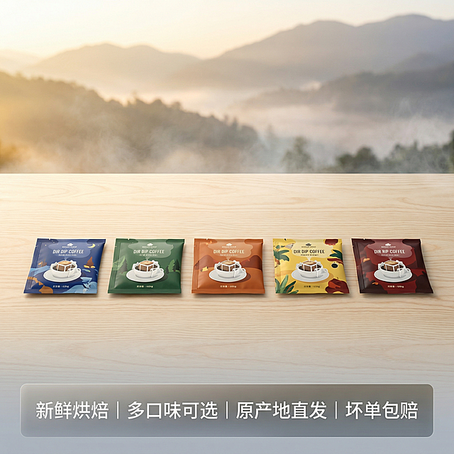 [主图 5] 挂耳咖啡多口味全家福展示
[氛围/风格] 山间晨雾氛围，整齐干净商业展示风格。
[画面元素] 五款不同口味的挂耳咖啡包整齐排列在木质桌面上，背景虚化延续山间晨雾山景，晨光均匀洒在每一包咖啡上，整体画面整齐干净，每款包装完整展示清晰可辨。
[配色色系] 主色调：原木浅棕；辅助色：不同包装的多彩配色，晨雾青灰，晨光暖黄。
[视角构图] 水平俯视排列，对称构图，全景展示。
[文字版式] 画面底部设置半透明渐变悬浮条，横向排列服务承诺文字："新鲜烘焙 | 多口味可选 | 原产地直发 | 坏单包赔"，字体为白色无衬线，悬浮条两端留空，不遮挡产品排列，清晰易读。
[比例分辨率] 1:1比例，2k分辨率。
