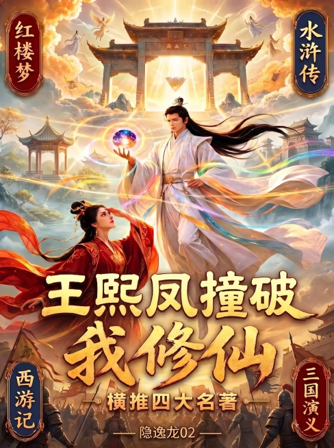 小说封面，书名：王熙凤撞破我修仙 横推四大名著，笔名：隐逸龙02，比例3:4，画面中包含一位俊美、有修仙气质、英俊的白衣男子和一位古典绝美的红衣女子王熙凤，风格是玄幻古风，背景融合四大名著元素：红楼梦预览效果