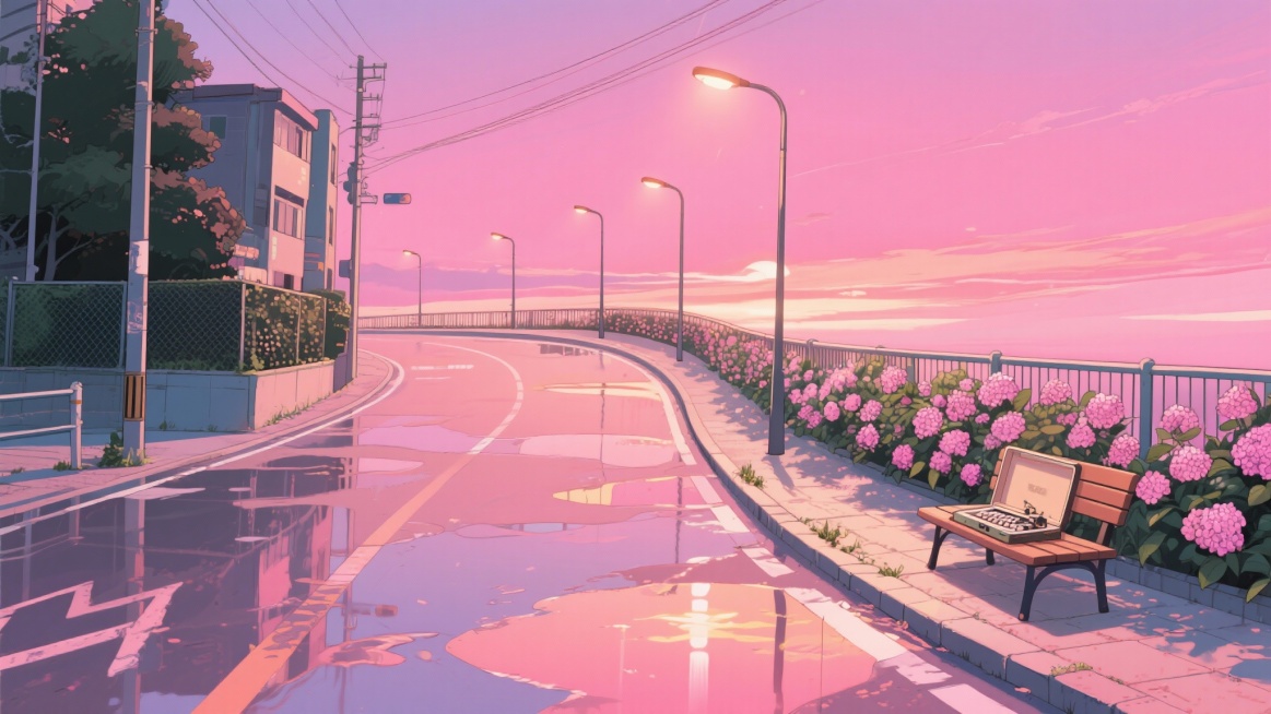 二次元日漫，城市马路，晚霞，约会，氛围浪漫、回忆，浅粉色，细节丰富，构图夸张，不要人物，16:9，生成二张预览效果