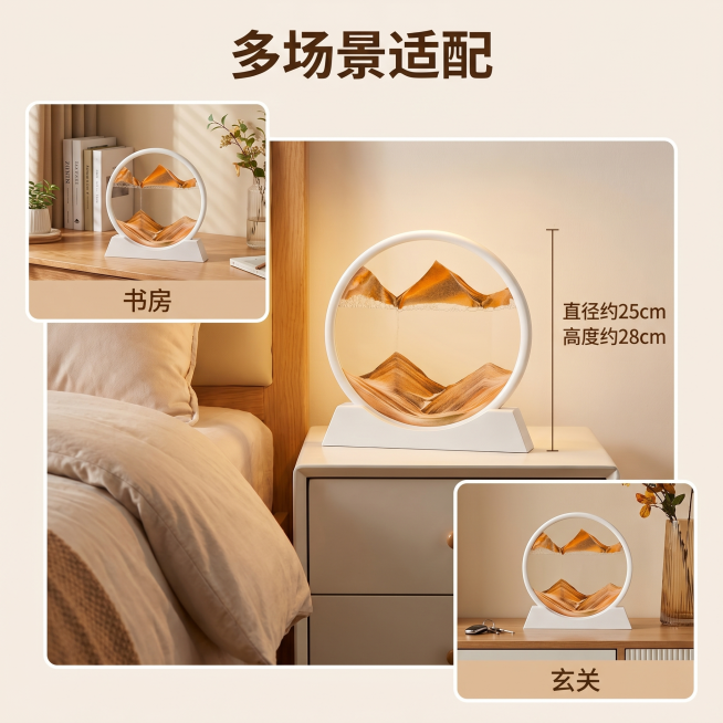 [主图 4] 3D立体流沙画摆件沙漏多场景适配展示拼图。
[氛围风格] 温馨舒适家居治愈风，真实居家生活感；
[画质] 商业摄影质感、光线柔和通透、产品清晰真实、画面干净高级。
[元素] 采用画中画排预览效果