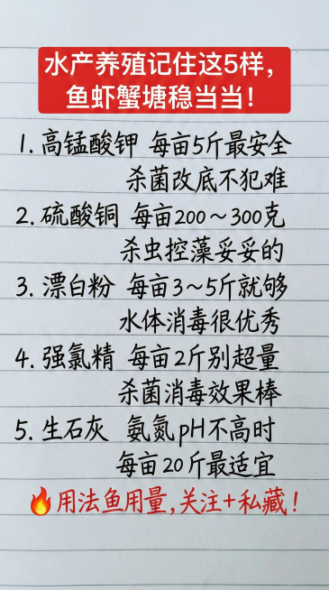 参照原图片的手写字体和红黑配色，将内容替换为：水产养殖记住这5样，鱼虾蟹塘稳当当！1.高锰酸钾 每亩5斤最安全 杀菌改底不犯难 2.硫酸铜 每亩200～300克 杀虫控藻妥妥的 3.漂白粉 每亩3～5预览效果