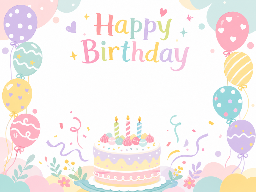 参考该图结构，生成一张小清新风格生日贺卡，画面左右两侧装饰彩色气球，底部摆放生日蛋糕，上方有文字"Happy Birthday"，颜色丰富不显单调，采用清新明快的马卡龙配色，保留插画风格，与原图不重复预览效果