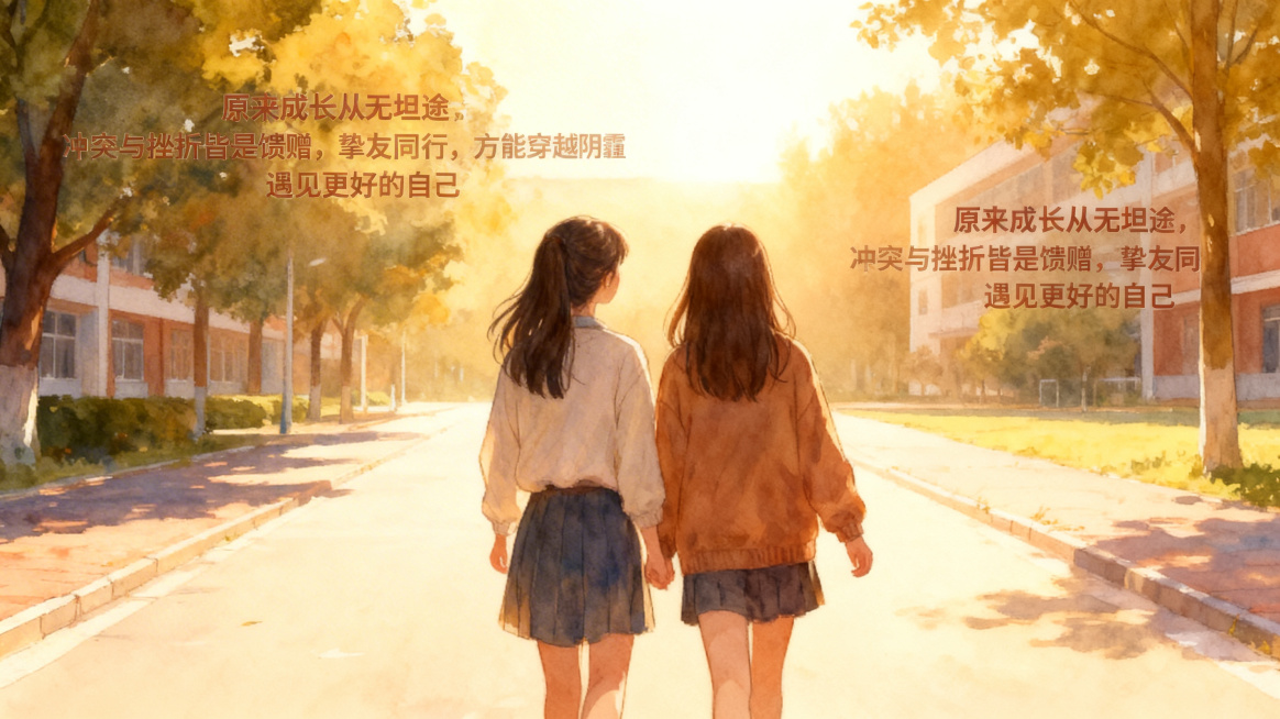 保留原两人形象，调整为治愈的收尾场景，阳光下两人并肩走在校园道路上，望向远方，感悟成长，配文主题：原来成长从无坦途，冲突与挫折皆是馈赠，挚友同行，方能穿越阴霾，遇见更好的自己，保持温暖水彩风格，氛围治预览效果